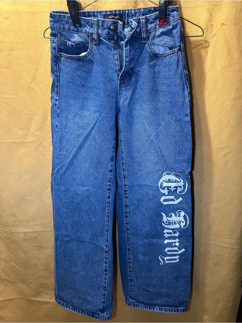 Ed Hardy Blue Wide-Leg Jeans with White Side Script